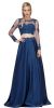 Long Sleeve Lace Top Satin Skirt Two Piece Prom Dress in Navy